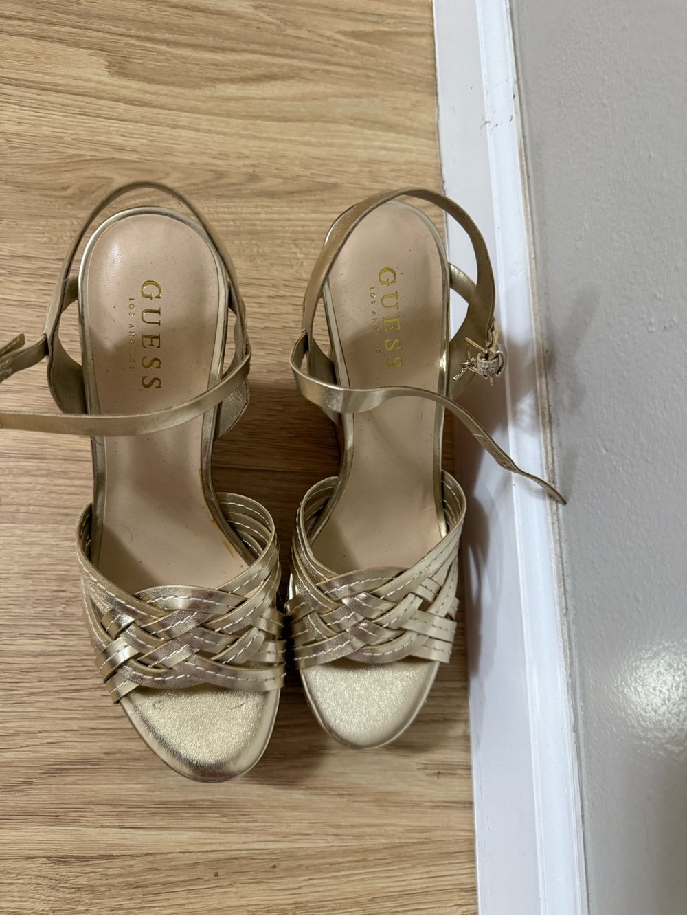 GUESS Metallic Gold Woven Strappy High-Heel Sandals